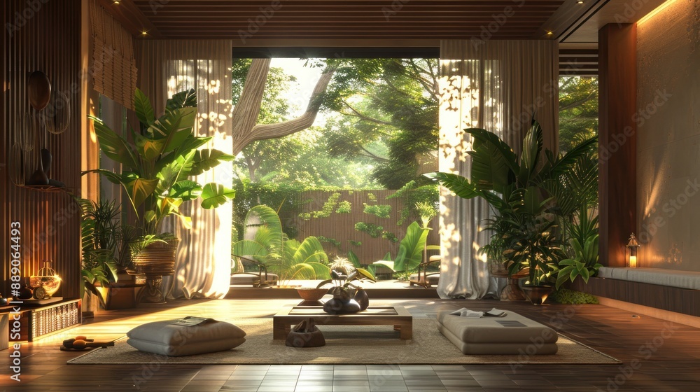Fototapeta premium serene reading nook with comfortable seating and soft lighting. The setting is calm and inviting, perfect for relaxation and reading.