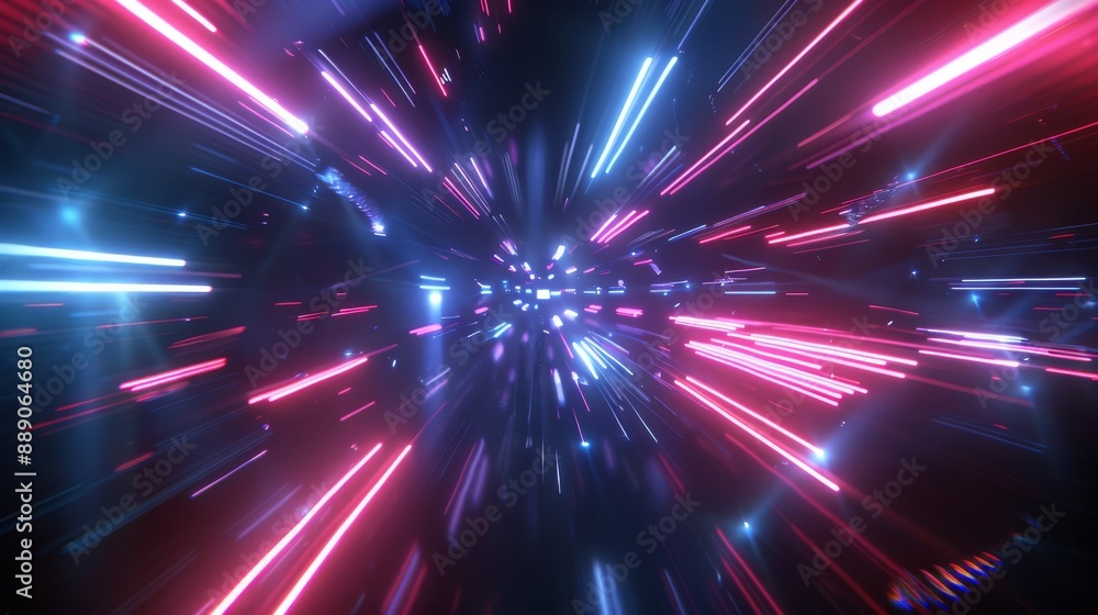 Fototapeta premium Dynamic abstract background featuring vibrant blue and pink light trails in motion, creating a futuristic warp speed effect. Ideal for tech-themed designs.