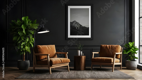 Empty frame poster mockup in a minimalist interior dark  living room with armchairs and potted plants
