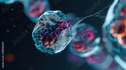 Human cell in a biotechnological hologram, 3D illustration, vibrant colors, high detail, advanced technology
