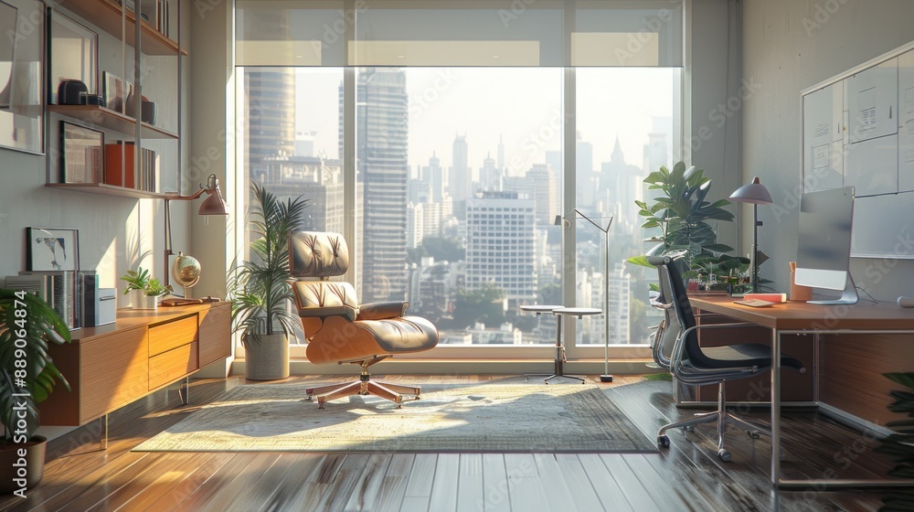 chic home office with modern furniture and a large window. The scene is productive and inspiring, with a clean and organized layout. chic home office with modern furniture and a large window. The scene is productive and inspiring, with a clean and organized layout.