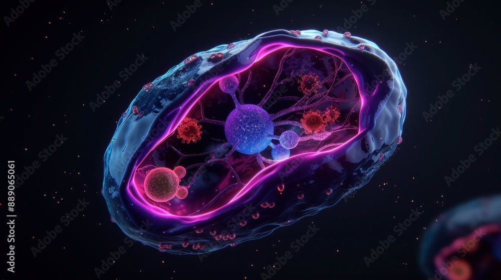 Human cell with virtual enhancements, 3D model, neon colors, detailed organelles, futuristic design Human cell with virtual enhancements, 3D model, neon colors, detailed organelles, futuristic design