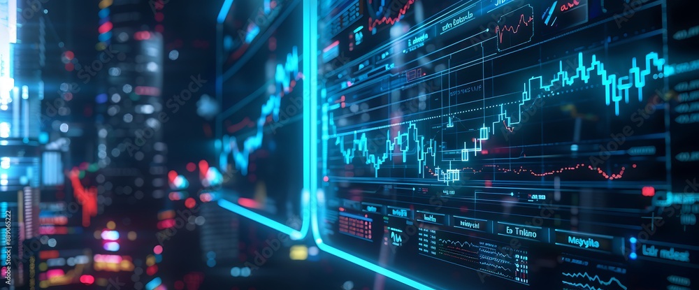 Advanced stock market interface with intuitive holographic representations for insightful data analysis. Advanced stock market interface with intuitive holographic representations for insightful data analysis.
