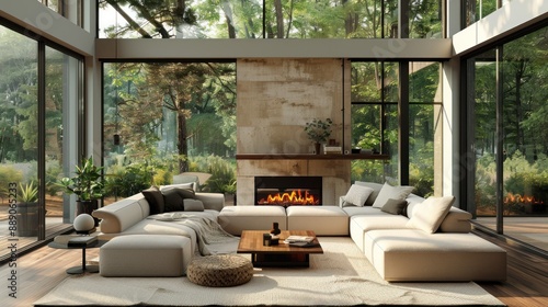 A cozy living room with a beige sectional sofa, floor-to-ceiling windows, and a fireplace.