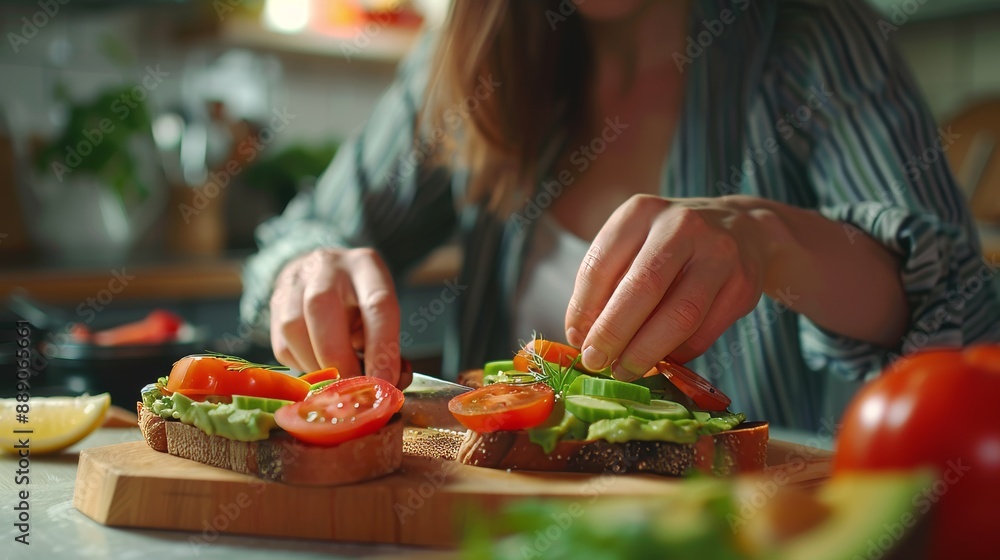 A young woman is making a healthy avocado toast and vegetables meal. She's using natural light from indoors, and there's a blurred background. A young woman is making a healthy avocado toast and vegetables meal. She's using natural light from indoors, and there's a blurred background.