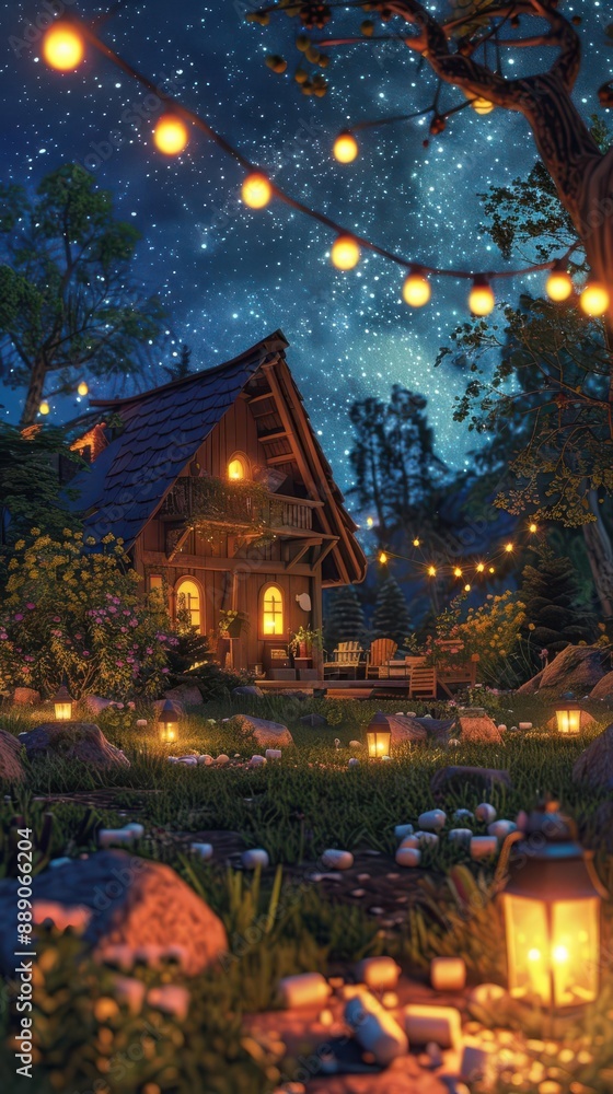 Cozy cabin illuminated by lanterns and string lights under a starry night sky, creating a peaceful and magical outdoor ambiance. Cozy cabin illuminated by lanterns and string lights under a starry night sky, creating a peaceful and magical outdoor ambiance.