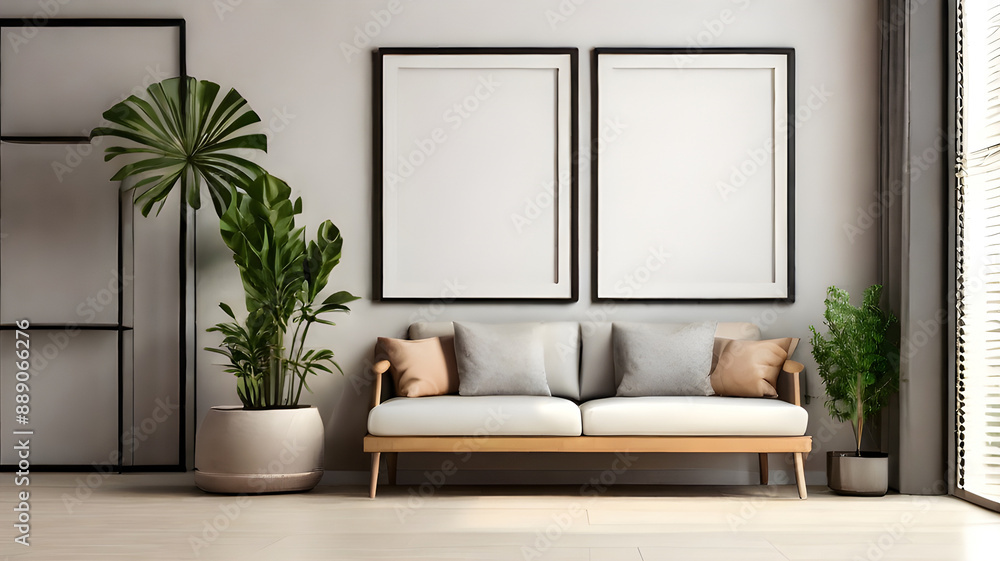 Empty frame poster mockup in a minimalist interior living room with armchairs and potted plants Empty frame poster mockup in a minimalist interior living room with armchairs and potted plants