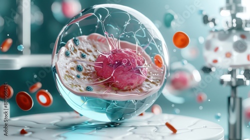 Human cell in a futuristic virtual lab, 3D illustration, bright colors, detailed organelles, advanced technology