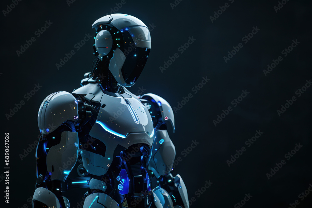 Sleek white and blue robot stands in front of a dark background, embodying futuristic technology and artificial intelligence Sleek white and blue robot stands in front of a dark background, embodying futuristic technology and artificial intelligence