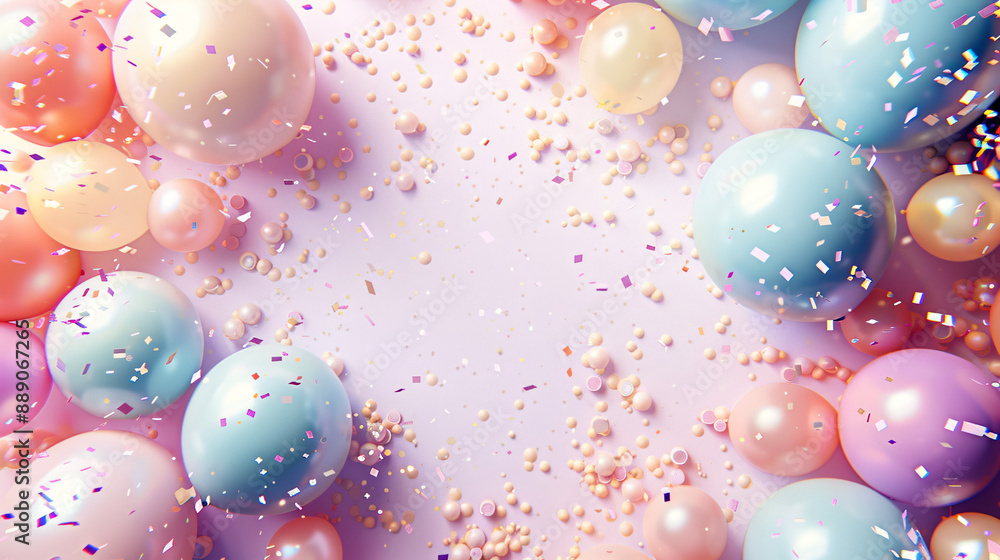 Wide frame carnival background with pastel colored balloons and confetti Wide frame carnival background with pastel colored balloons and confetti