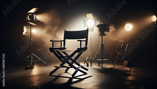 A director's chair sits on a dimly lit stage, surrounded by professional lighting equipment. The scene captures the essence of a film set, awaiting the creative force behind the camera.