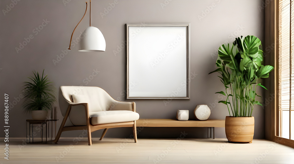 Empty frame poster mockup in a minimalist interior living room with armchairs and potted plants Empty frame poster mockup in a minimalist interior living room with armchairs and potted plants