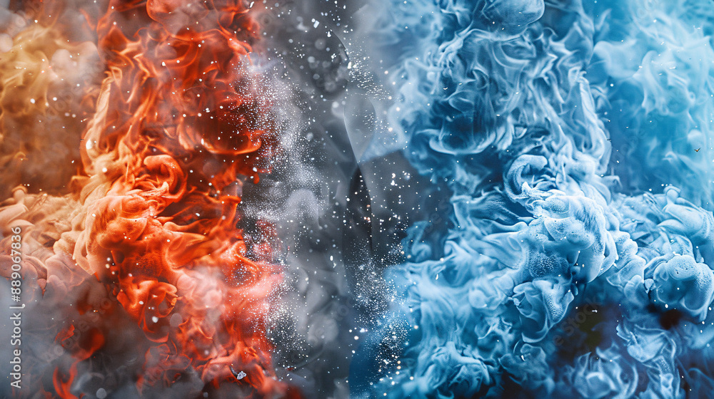 Fiery and icy forces clash, symbolizing conflict or harmony Fiery and icy forces clash, symbolizing conflict or harmony