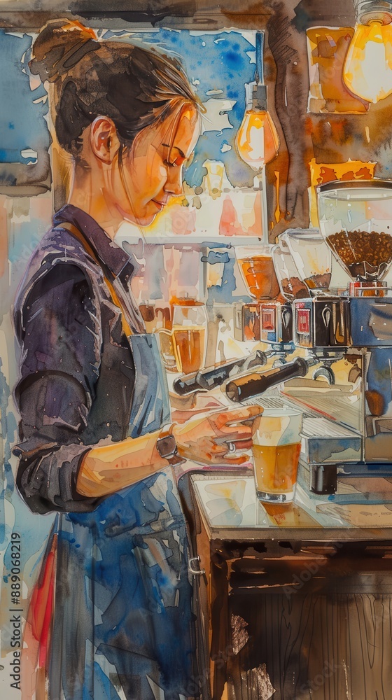 Watercolor painting of a barista making coffee in a cozy cafe, highlighting a warm and inviting atmosphere with soft lighting. Watercolor painting of a barista making coffee in a cozy cafe, highlighting a warm and inviting atmosphere with soft lighting.