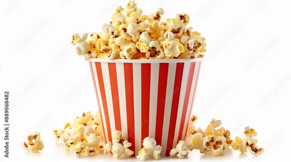 Crunchy popcorn in a classic striped bucket stands out against a white backdrop. Crunchy popcorn in a classic striped bucket stands out against a white backdrop.