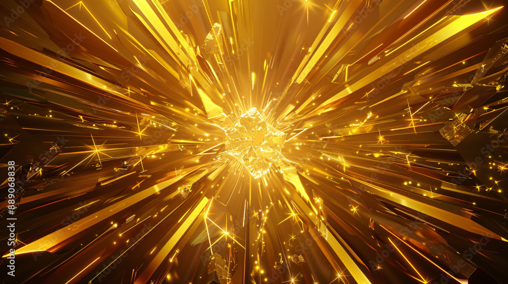 Luxurious golden glowing background with symmetrical light rays and crystals Luxurious golden glowing background with symmetrical light rays and crystals