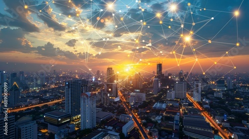 Wallpaper Mural High-tech communication and connectivity in Bangkok, Thailand, with stunning sunset city skyline Torontodigital.ca