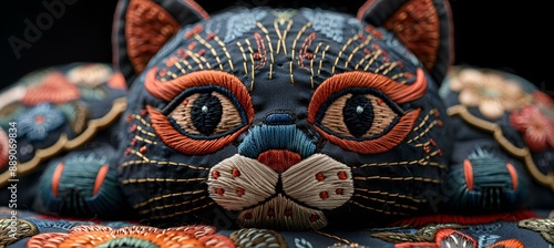 Fabric cat sculpture with intricate details, featuring lifelike fur and whiskers.v