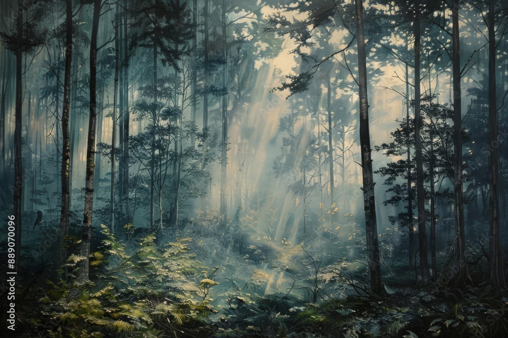 Obraz premium Sunrays filter through dense forest trees creating a mystical atmosphere in this serene natural landscape, ideal for nature photography.
