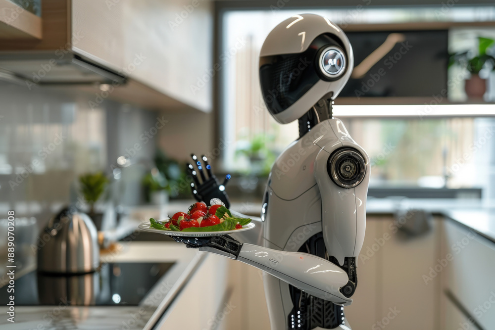 Futuristic robot serves food in a modern kitchen, showcasing ai technology in a domestic setting. The image blends robotics and smart home design seamlessly Futuristic robot serves food in a modern kitchen, showcasing ai technology in a domestic setting. The image blends robotics and smart home design seamlessly