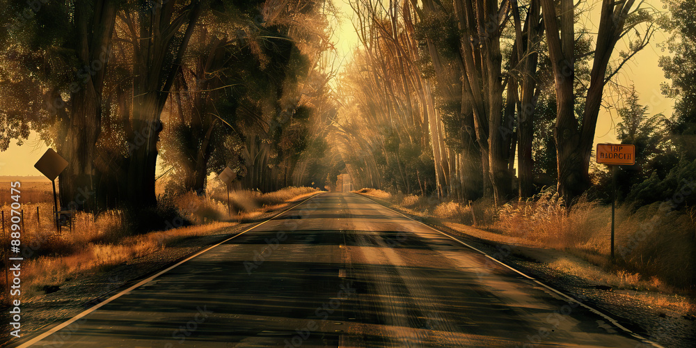 Obraz premium Freedom's Road Ahead: A long, straight highway lined with tall trees and dotted with road signs.