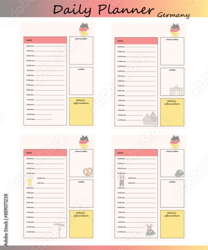 A set of four German-themed daily planner templates. Contains a section for to-do schedules, notes, reminders and daily affirmations.