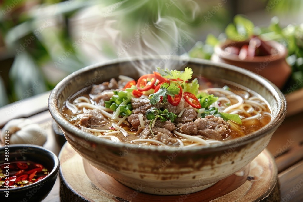 A bowl of soup with meat and vegetables in it A bowl of soup with meat and vegetables in it