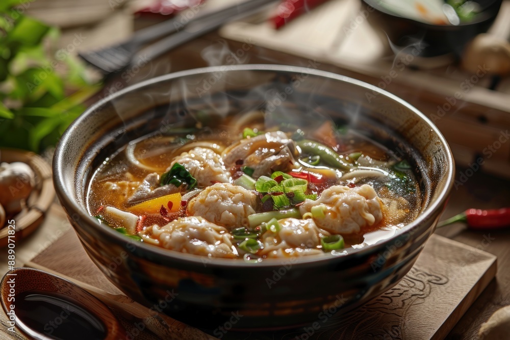A bowl of soup with a spoon in it A bowl of soup with a spoon in it