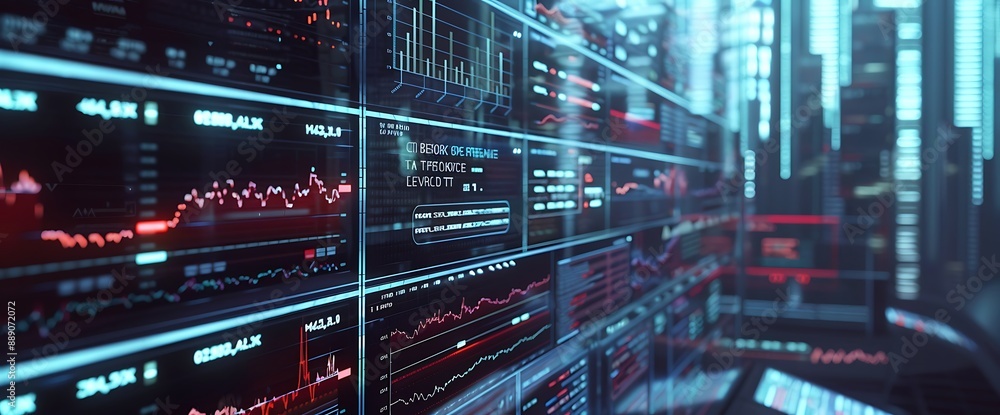 Advanced stock market interface with holographic representations of data against a simple backdrop. Advanced stock market interface with holographic representations of data against a simple backdrop.