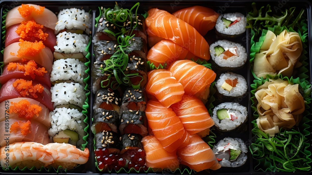 A tray of assorted sushi rolls, including some with avocado and cucumber A tray of assorted sushi rolls, including some with avocado and cucumber