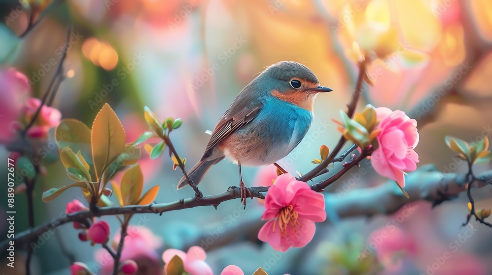 A small blue bird perched on a branch with pink blossoms. A small blue bird perched on a branch with pink blossoms.