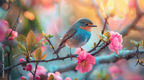 A small blue bird perched on a branch with pink blossoms. © Galib