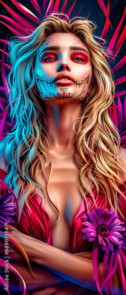 Obraz premium A woman with a skull painted on her face stands in front of a flower. The image has a dark and eerie mood, with the skull and the flower contrasting each other