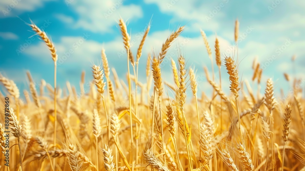 Fototapeta premium Golden wheat field with a blue sky and clouds in the background.