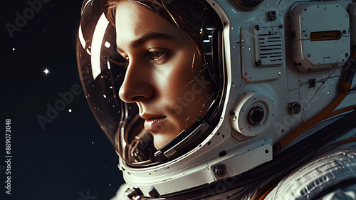 Portrait of a female astronaut with spacesuit, helmet