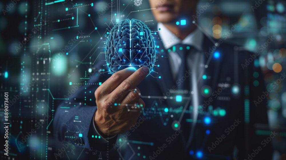Fototapeta premium a businessman in a suit touching a digital holographic brain representing Artificial Intelligence (AI), surrounded by futuristic data and analytics, AI in business, technology inte