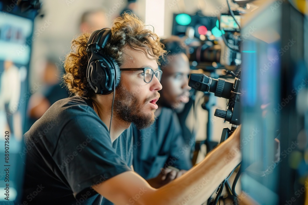 Sound engineer positioning boom microphone over actors, technical expertise, Film production, behind the scenes, sound engineering, boom mic Sound engineer positioning boom microphone over actors, technical expertise, Film production, behind the scenes, sound engineering, boom mic
