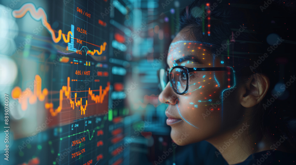 a financial analyst using AI tools to predict market trends and investment opportunities, featuring digital charts and financial data, AI in finance, investment analysis, financial a financial analyst using AI tools to predict market trends and investment opportunities, featuring digital charts and financial data, AI in finance, investment analysis, financial