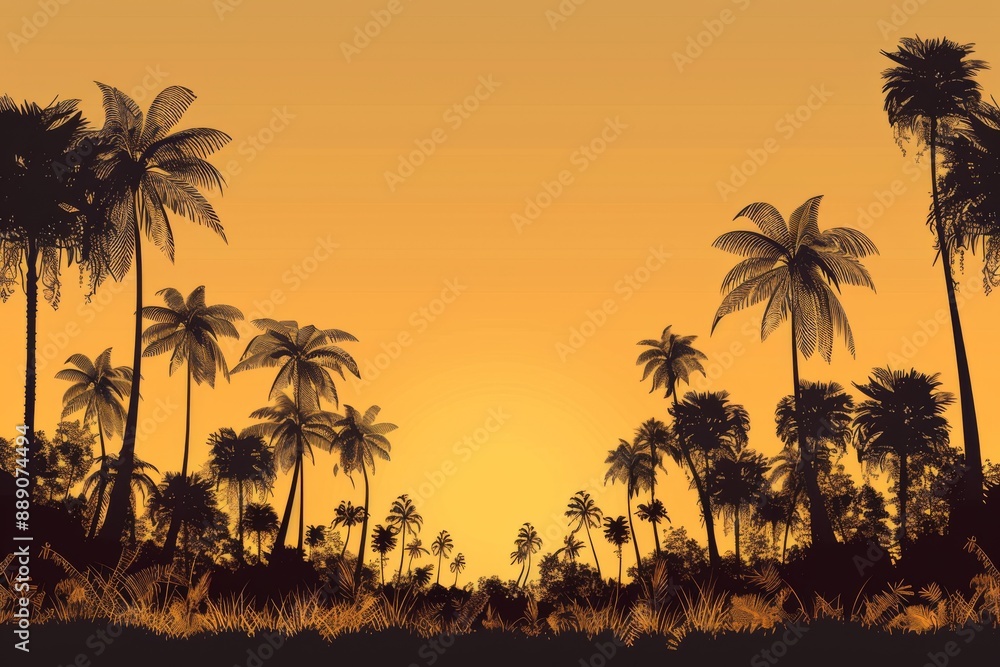 Obraz premium Majestic tropical sunset with silhouettes of palm trees against a vibrant orange sky evoking serenity and beauty