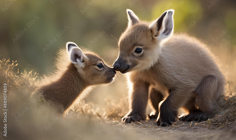 Obraz premium Adorable Wildlife Moment: Playful baby animals in their natural habitat, soft focus, heartwarming, documentary style, nature photography, timeless appeal.