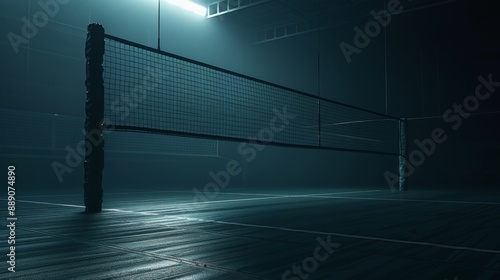 In a dimly lit indoor volleyball court, a detailed net stretches across, anchored by sturdy posts, bathed in subtle backlight against a deeper dark background, creating an atmospheric scene with low l