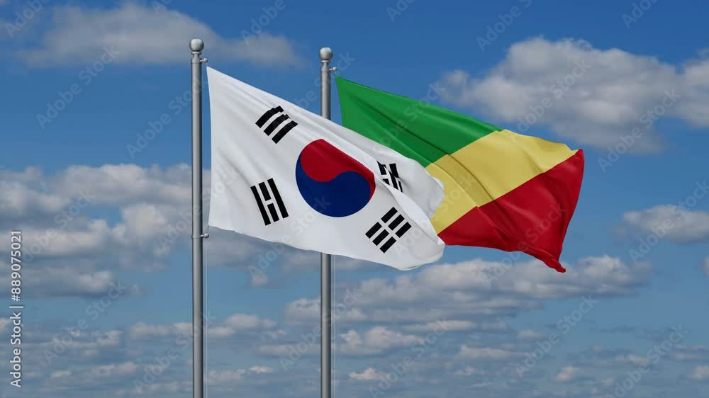 Republic of the Congo and South Korea flags flying together, video concept of the relationship, two country relations concept Republic of the Congo and South Korea flags flying together, video concept of the relationship, two country relations concept