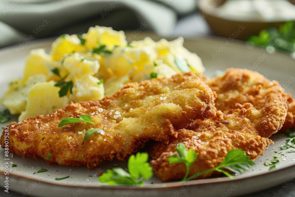 A plate of fried chicken and mashed potatoes with parsley on the side A plate of fried chicken and mashed potatoes with parsley on the side