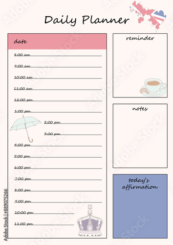 Day planner template with a British theme. The template has sections for scheduling, notes, and reminders. Contains illustrations of the main attributes of England
