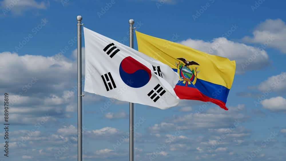 Ecuador and South Korea flags flying together, video concept of the relationship, two country relations concept Ecuador and South Korea flags flying together, video concept of the relationship, two country relations concept
