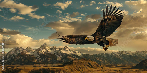 Wallpaper Mural The Eagle Soars Over Liberty: A majestic bald eagle takes flight, soaring high above the American landscape of rolling hills and towering mountains. Torontodigital.ca