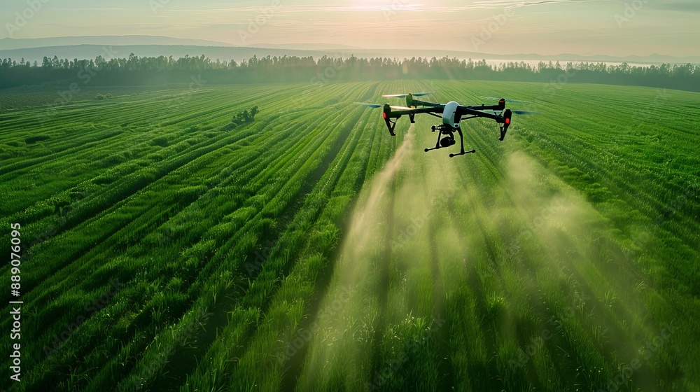 Drone sprays fertilizer on a vast green field, offering an aerial perspective of agricultural practices. Drone sprays fertilizer on a vast green field, offering an aerial perspective of agricultural practices.