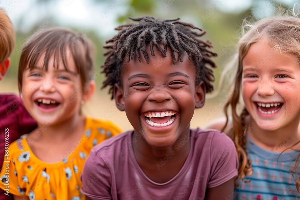 Three children laughing and excited with a outdoors activity. Copy space for text. Day time. Selective focus on the faces Three children laughing and excited with a outdoors activity. Copy space for text. Day time. Selective focus on the faces