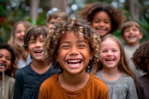 A cheerful kid with a big smile in a park with his friends behind him. Cheerful moment. Copy space for text © STOCK IMAGES STALL