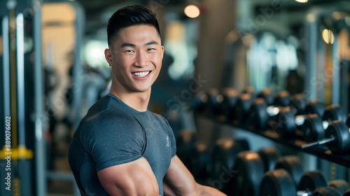 Asian man in athletic wear smiling while working out with dumbbells in a modern gym, elegant setting © Nadin Faust